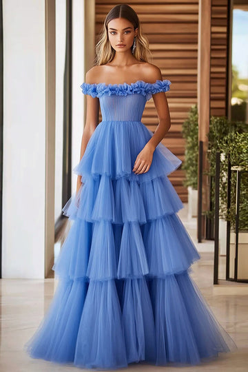 Off The Shoulder Blue Tiered Formal Dress With Ruffles